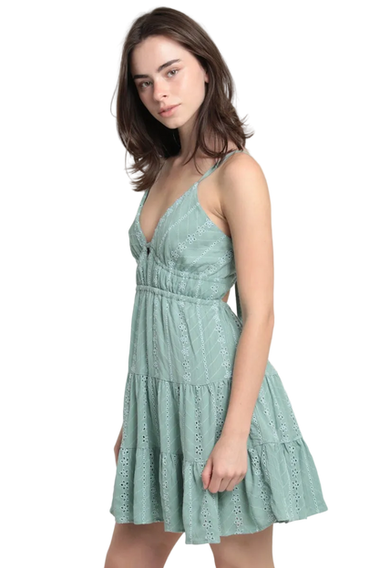 Angie Eyelet Embroidered V Neck Open Tie Back Dress - Sage