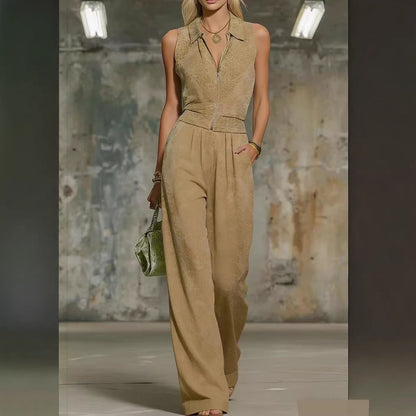 Floral Print Zip-Up Sleeveless Jumpsuit – Women's Wide Leg Romper
