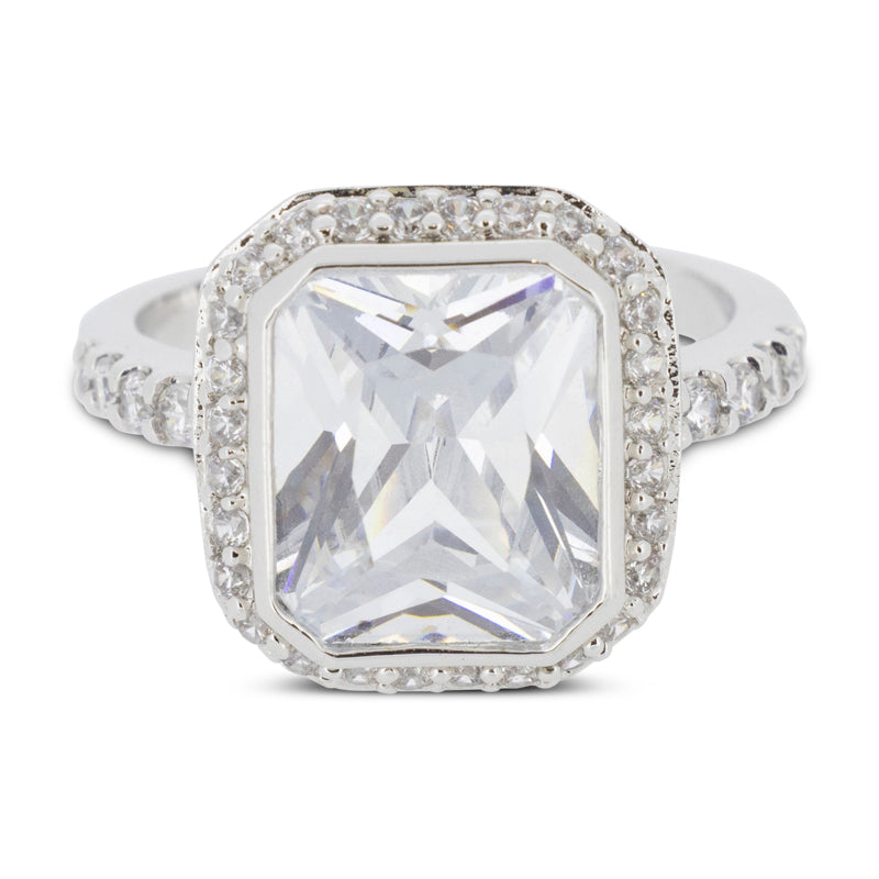 Covet Rhodium Plated Cubic Zirconia Large Square Cut Silver Ring - Size K