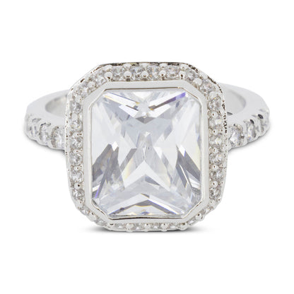 Covet Rhodium Plated Cubic Zirconia Large Square Cut Silver Ring - Size K
