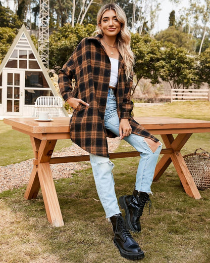 ✨Women's Button Down Flannel Shirts Plaid Shacket  Collared Long Jacket Coats