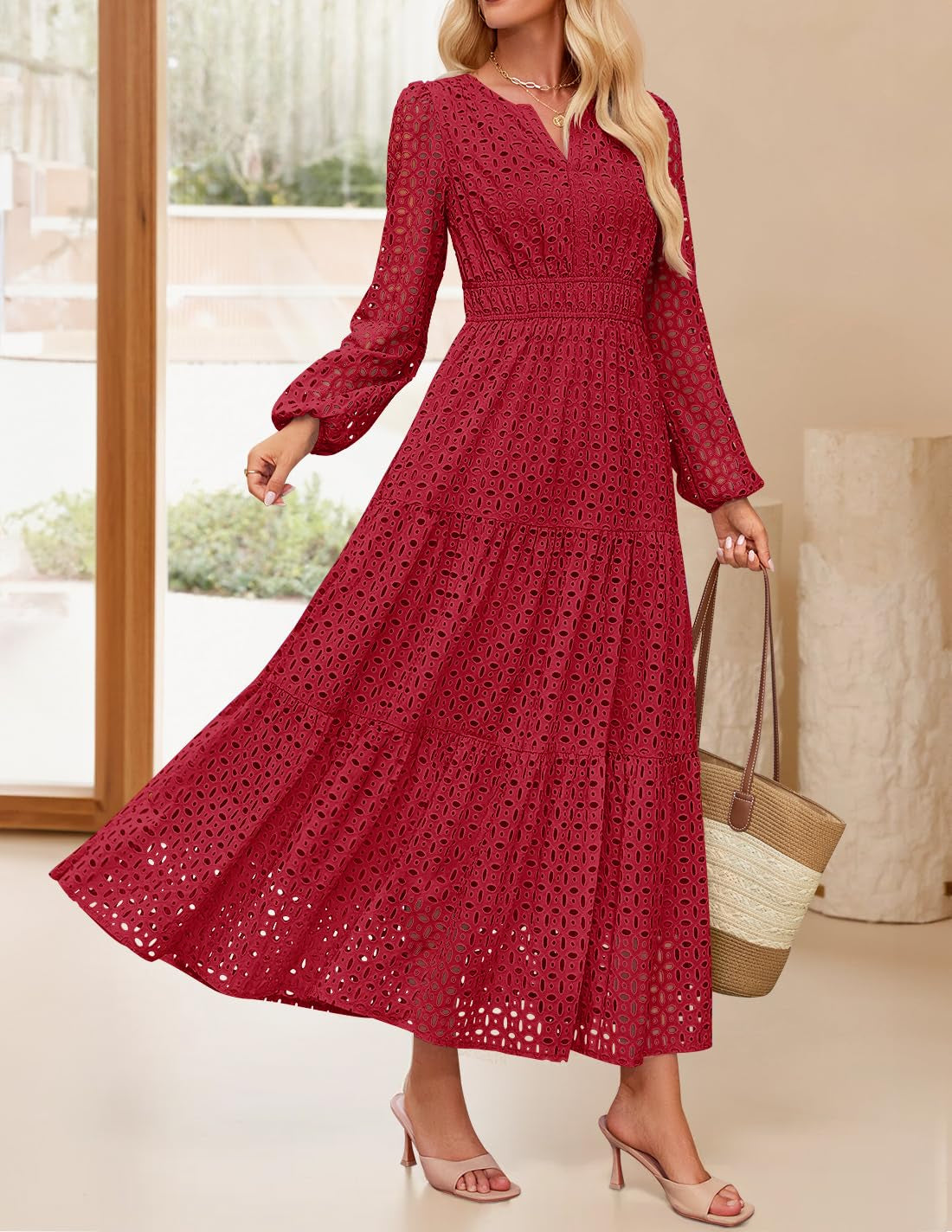 Women's 2026 V Neck Hollow Out Eyelet A Line Long Flowy Dresses