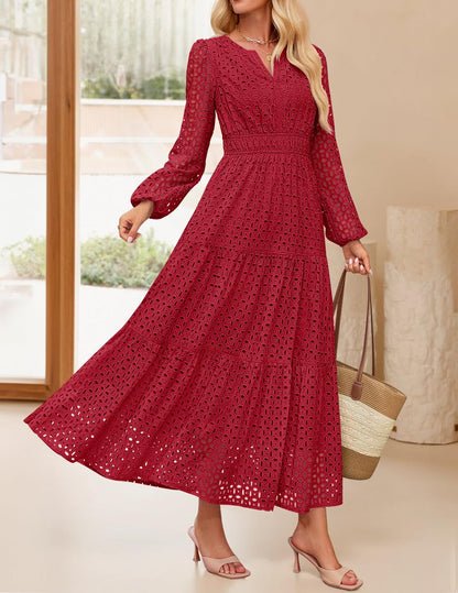 Women's 2026 V Neck Hollow Out Eyelet A Line Long Flowy Dresses