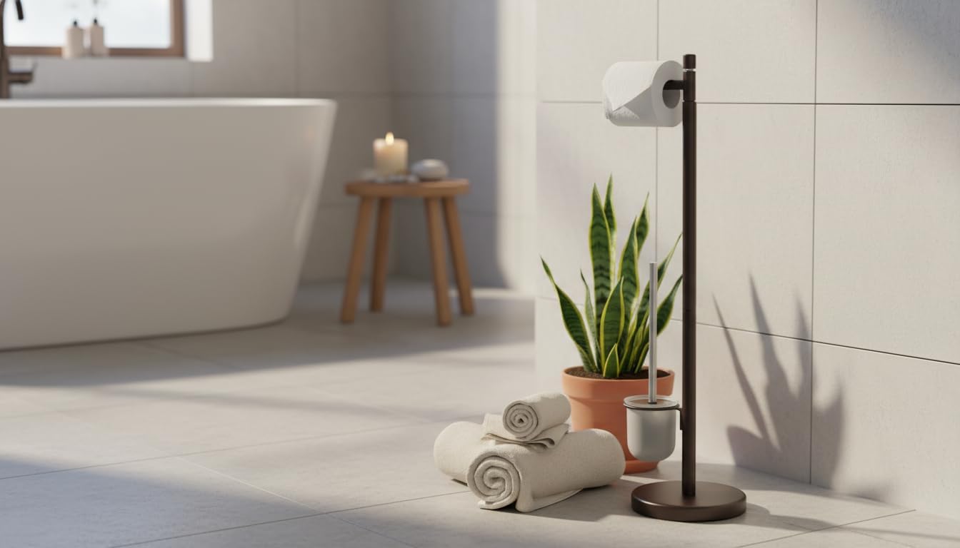 Freestanding Toilet Brush with Toilet Paper Holder – Bathroom Cleaning & Storage Stand