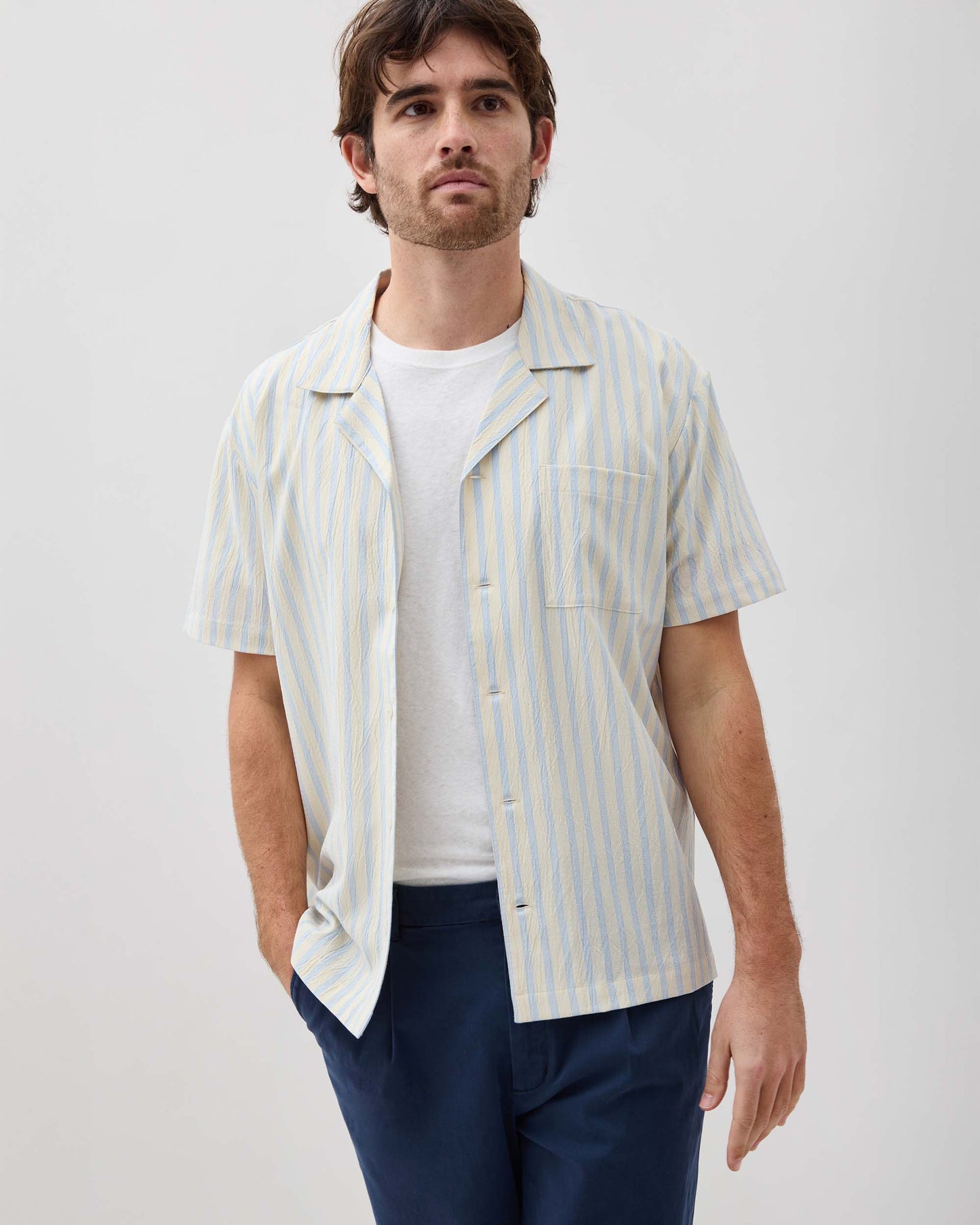 Mens Palermo Short Sleeve Camp Shirt - Poly Seer Sucker Stripe - Vanilla Blue Stripe