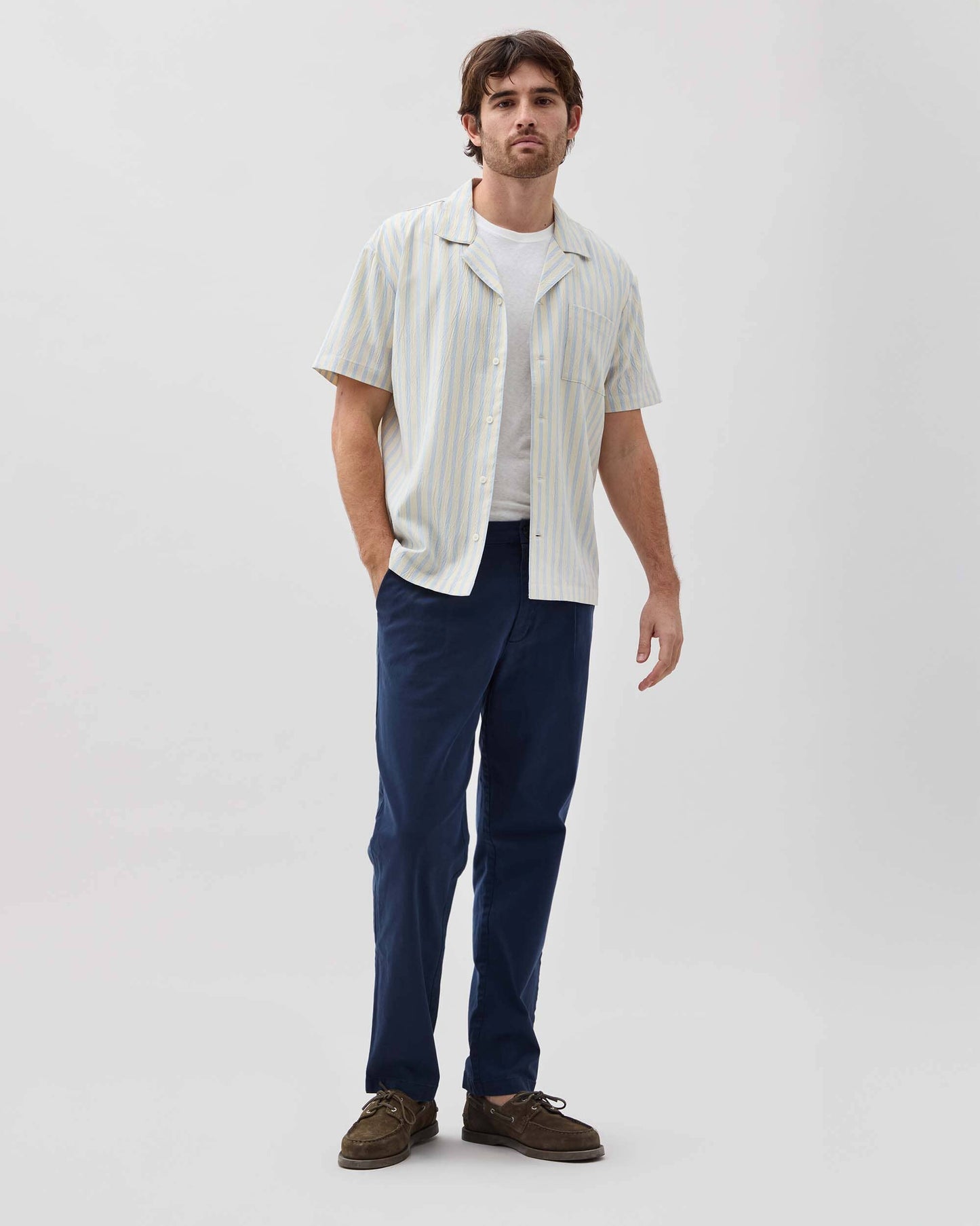 Mens Palermo Short Sleeve Camp Shirt - Poly Seer Sucker Stripe - Vanilla Blue Stripe