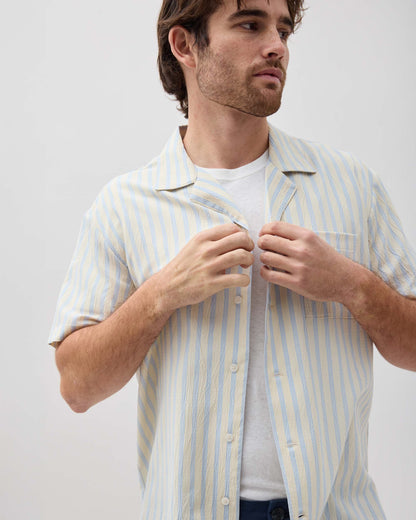Mens Palermo Short Sleeve Camp Shirt - Poly Seer Sucker Stripe - Vanilla Blue Stripe