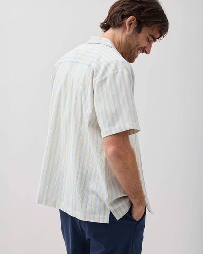 Mens Palermo Short Sleeve Camp Shirt - Poly Seer Sucker Stripe - Vanilla Blue Stripe