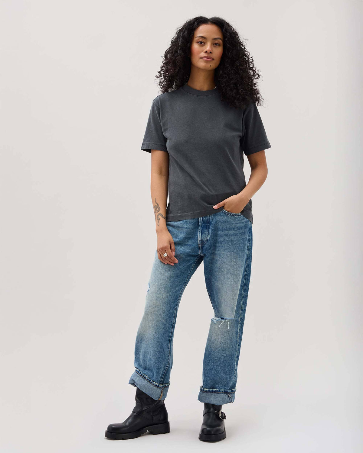 Womens Relaxed Everyday Tee - Pigment Dye Jersey - Stretch Limo