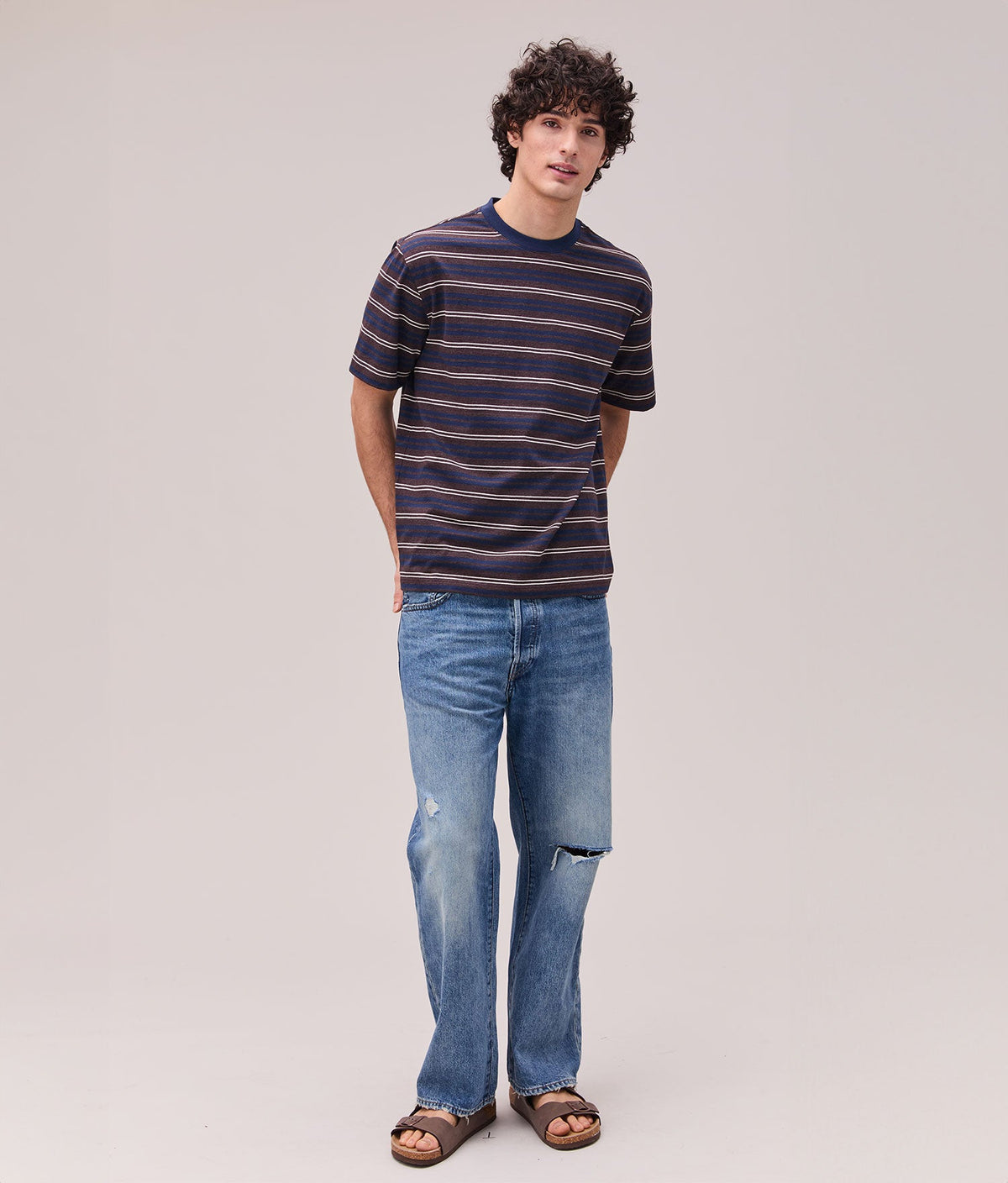 Mens Recycled Stripe Tee - Recycled Jersey - Brown Navy Stripe