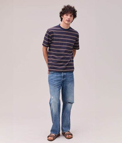 Mens Recycled Stripe Tee - Recycled Jersey - Brown Navy Stripe