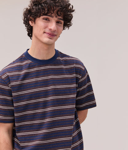 Mens Recycled Stripe Tee - Recycled Jersey - Brown Navy Stripe