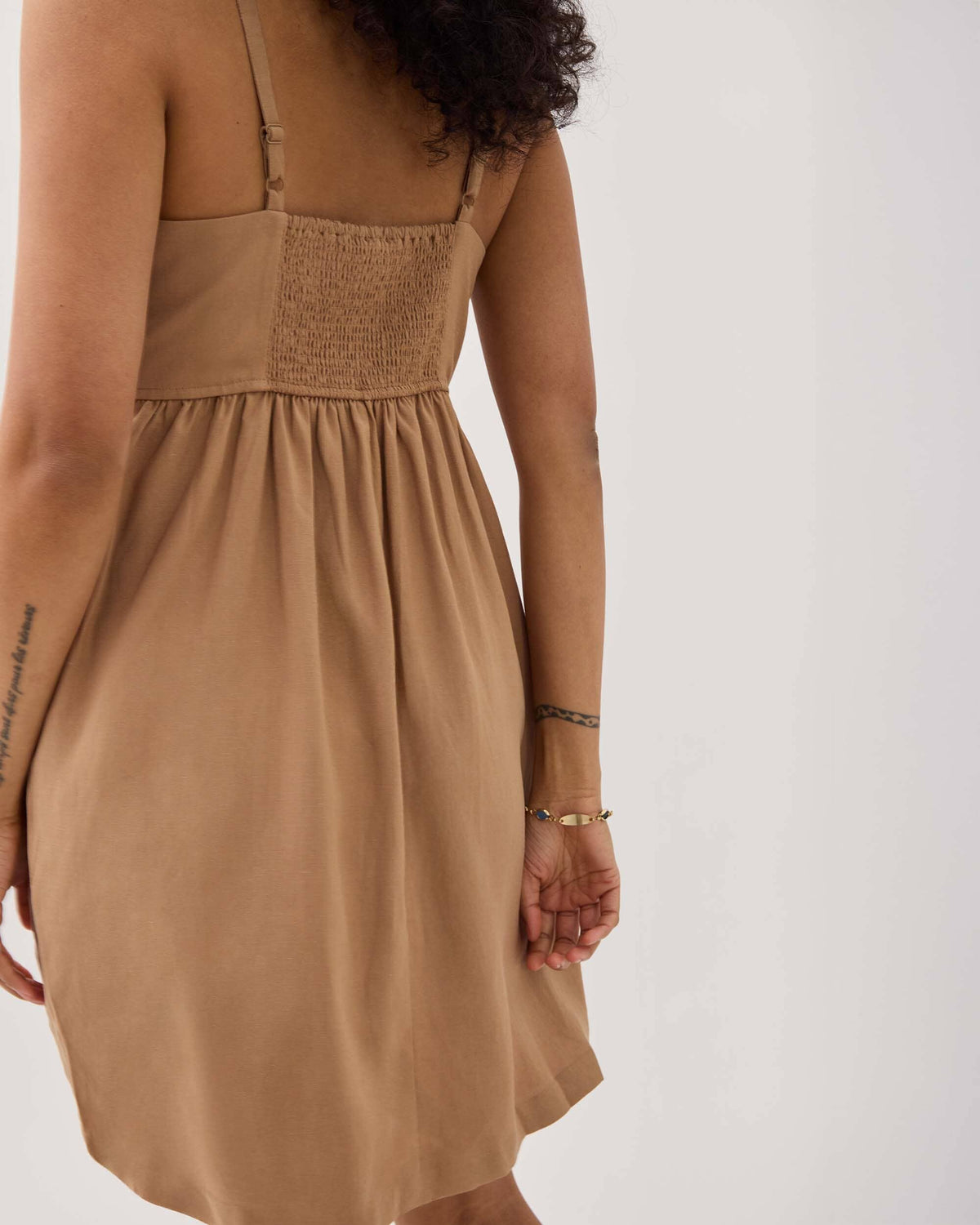 Womens Linen Mini Dress - Rayon Linen Woven - Cafe Au Lait
