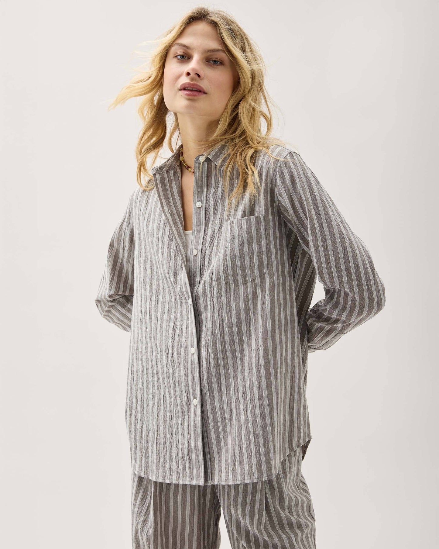 Womens Palermo Button Up - Poly Seer Sucker Stripe - Black Stripe