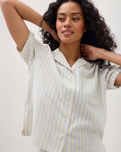 Womens Palermo Short Sleeve Camp Shirt - Poly Seer Sucker Stripe - Vanilla Blue Stripe
