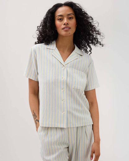 Womens Palermo Short Sleeve Camp Shirt - Poly Seer Sucker Stripe - Vanilla Blue Stripe