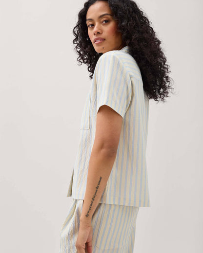 Womens Palermo Short Sleeve Camp Shirt - Poly Seer Sucker Stripe - Vanilla Blue Stripe