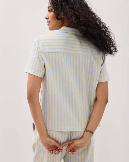 Womens Palermo Short Sleeve Camp Shirt - Poly Seer Sucker Stripe - Vanilla Blue Stripe