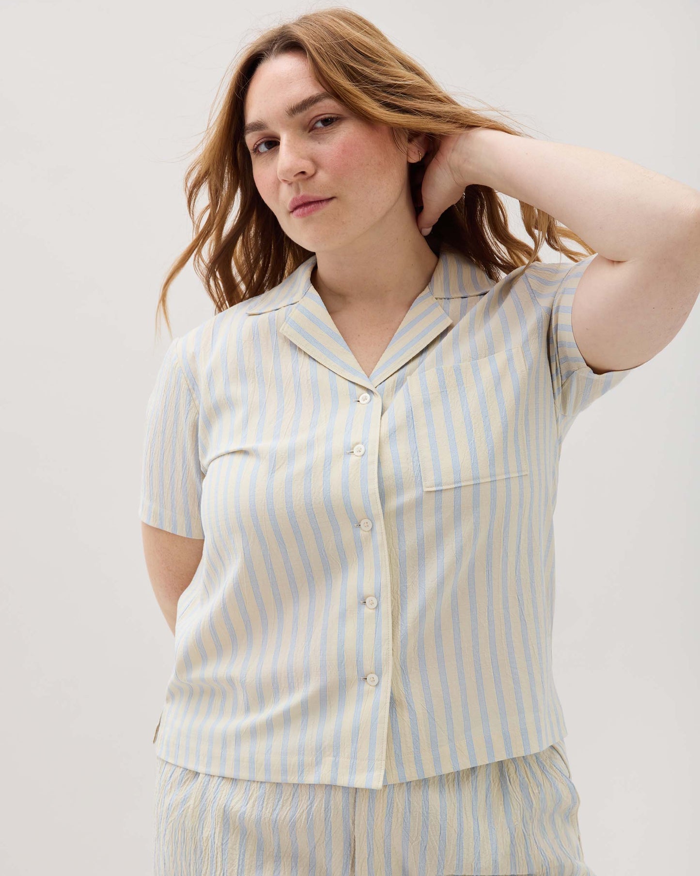 Womens Palermo Short Sleeve Camp Shirt - Poly Seer Sucker Stripe - Vanilla Blue Stripe