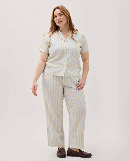 Womens Palermo Short Sleeve Camp Shirt - Poly Seer Sucker Stripe - Vanilla Blue Stripe