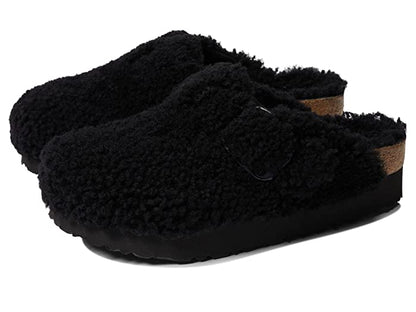 Birkenstock Boston Big Buckle Flex Platform Shearling Teddy Black