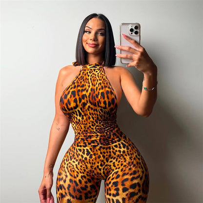 Leopard Print Sleeveless Backless Bodycon Jumpsuit for Women