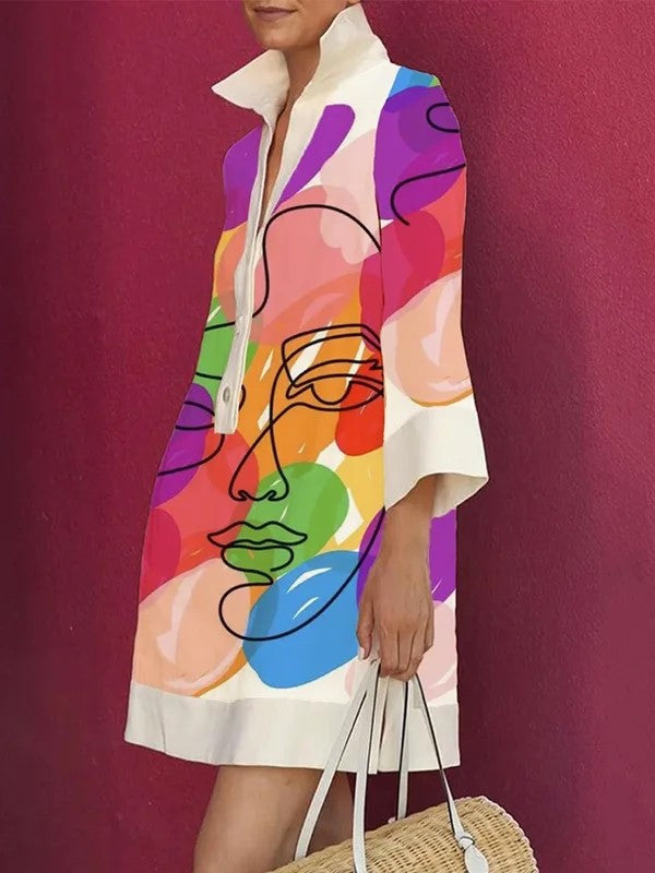 Women's Three-Quarter Sleeves Printed Lapel Shirt Dress
