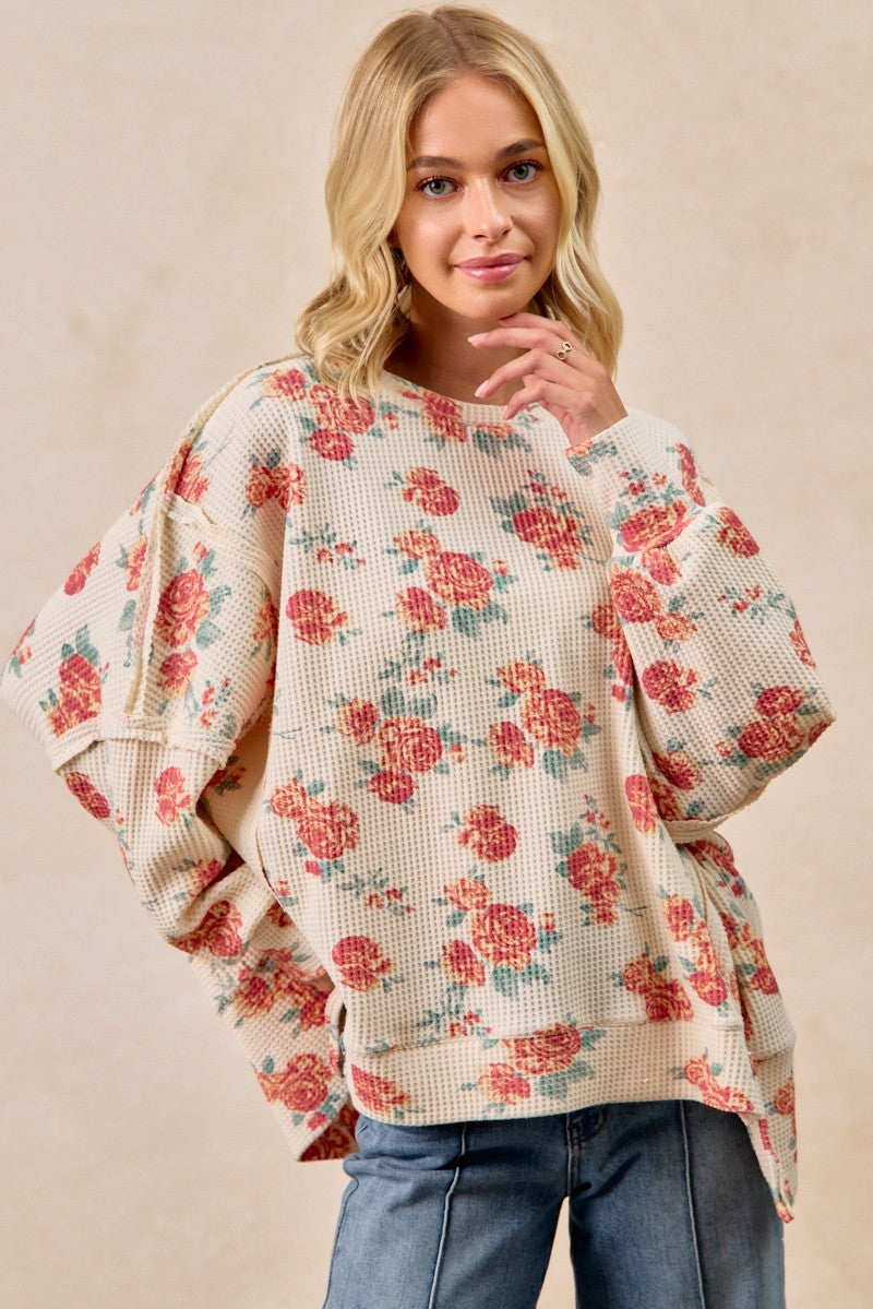 BiBi Floral Print Oversized Waffle Thermal Top