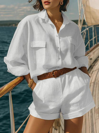 Cotton-Linen Loose-Fit Button-Down Shirt and Shorts Casual Set