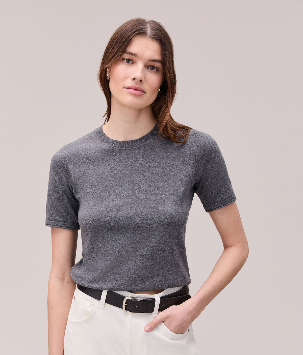 Womens Washable Cotton Silk Tee - Cotton Sweater Knit - Charcoal Heather Grey
