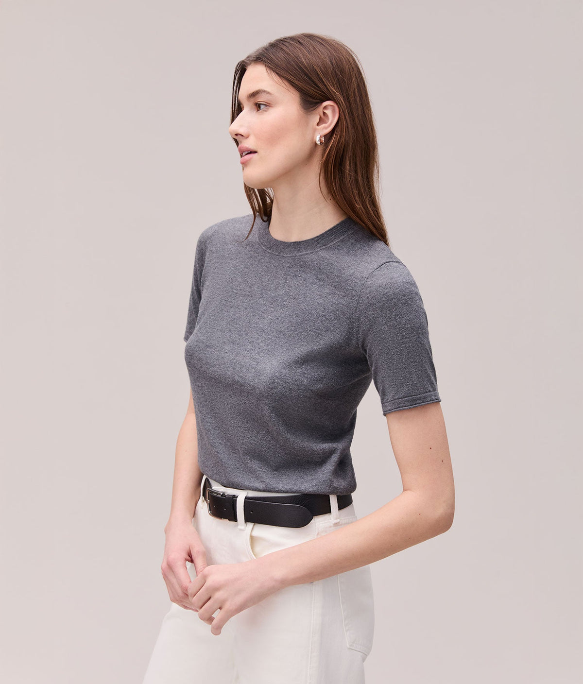 Womens Washable Cotton Silk Tee - Cotton Sweater Knit - Charcoal Heather Grey