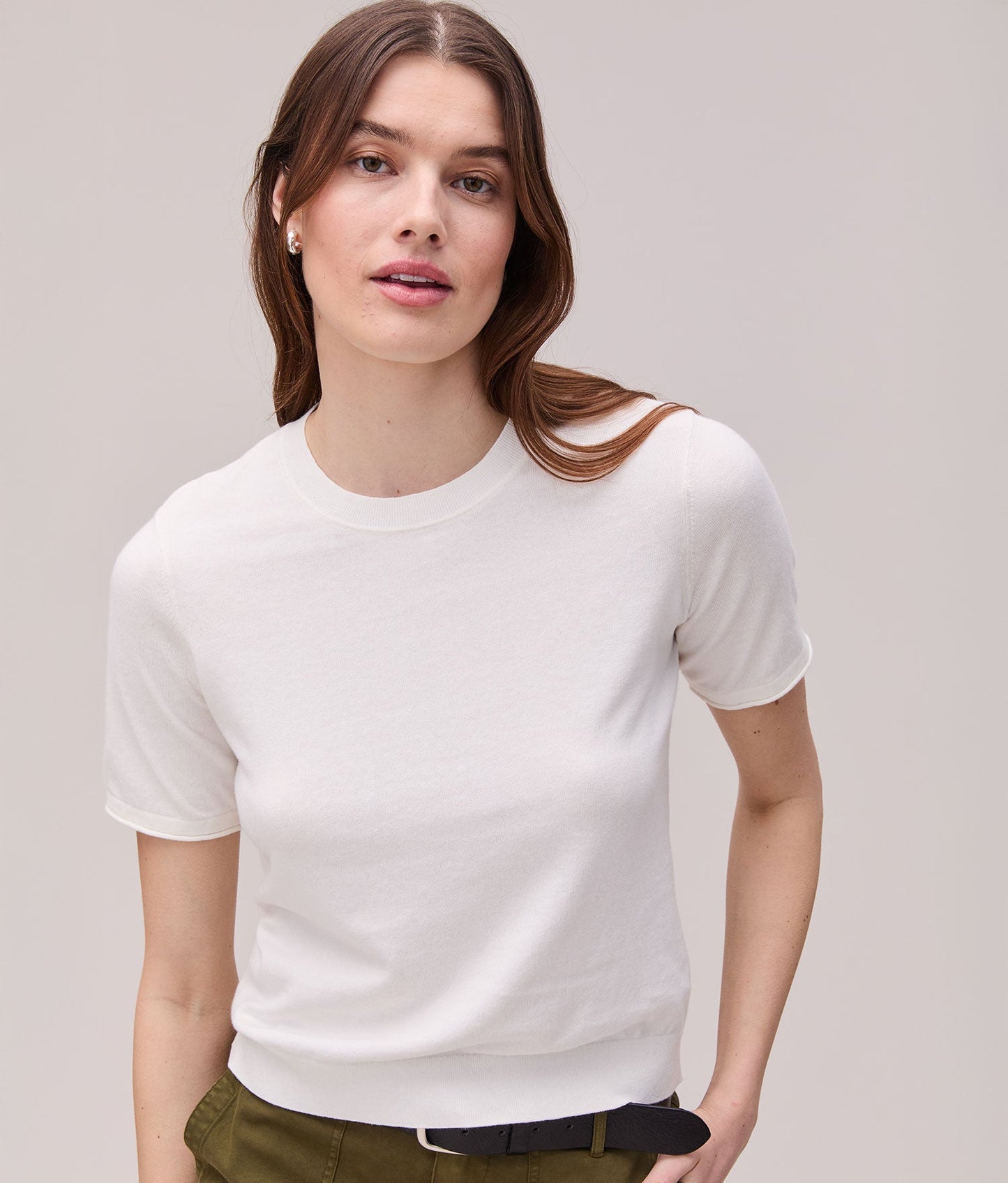Womens Washable Cotton Silk Tee - Cotton Sweater Knit - Coconut Milk
