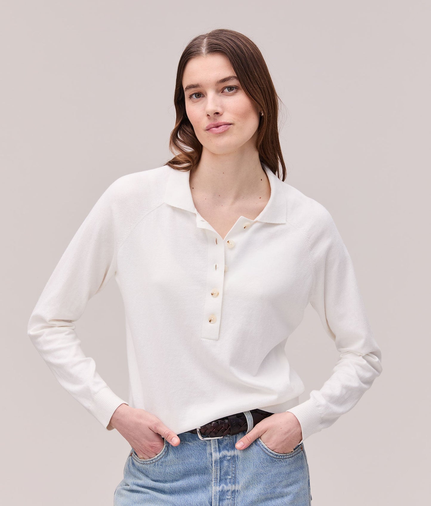 Womens Washable Cotton Silk Henley - Cotton Sweater Knit - Coconut Milk
