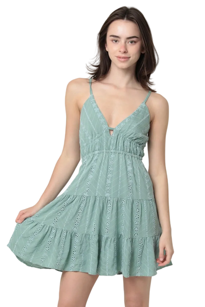 Angie Eyelet Embroidered V Neck Open Tie Back Dress - Sage