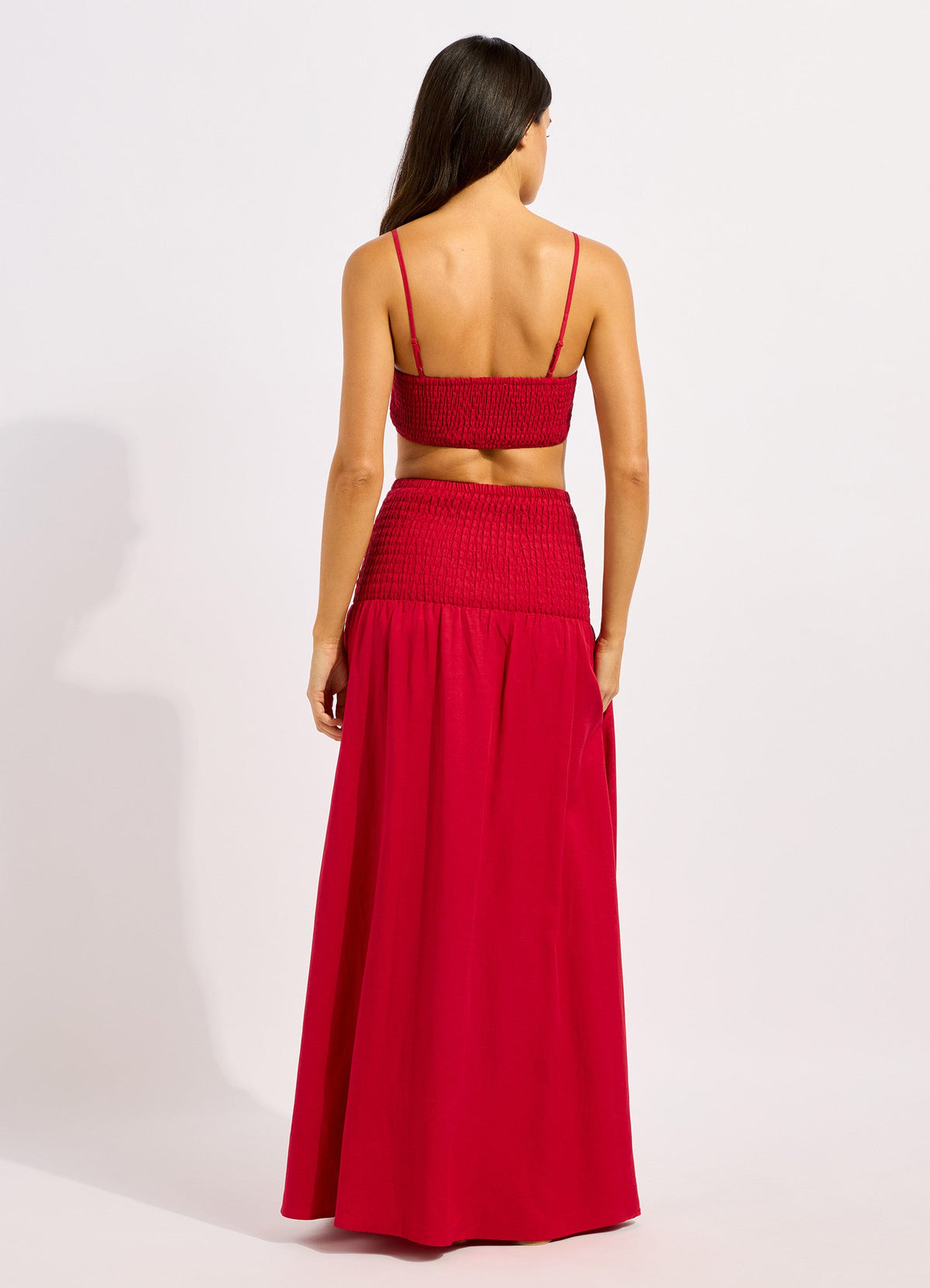 Beachedit Shirred Waist Midi Skirt