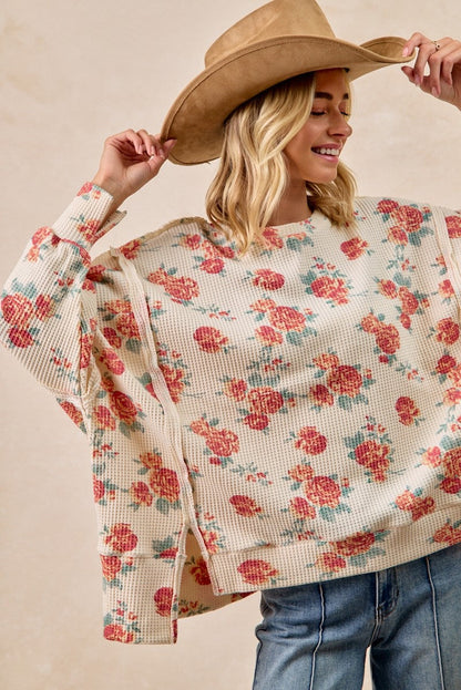 BiBi Floral Print Oversized Waffle Thermal Top