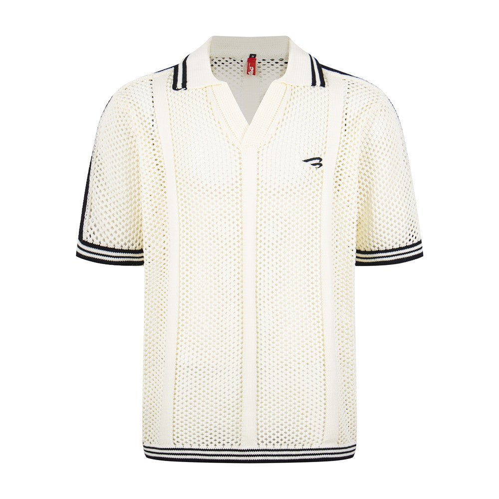 Hollow mesh V-neck polo shirt top