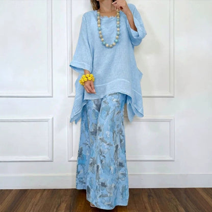 Cotton-Linen Irregular Hem Drop-Shoulder Top & Wide-Leg Pants Set | 3 Colors