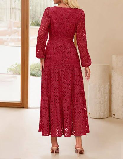 Women's 2026 V Neck Hollow Out Eyelet A Line Long Flowy Dresses