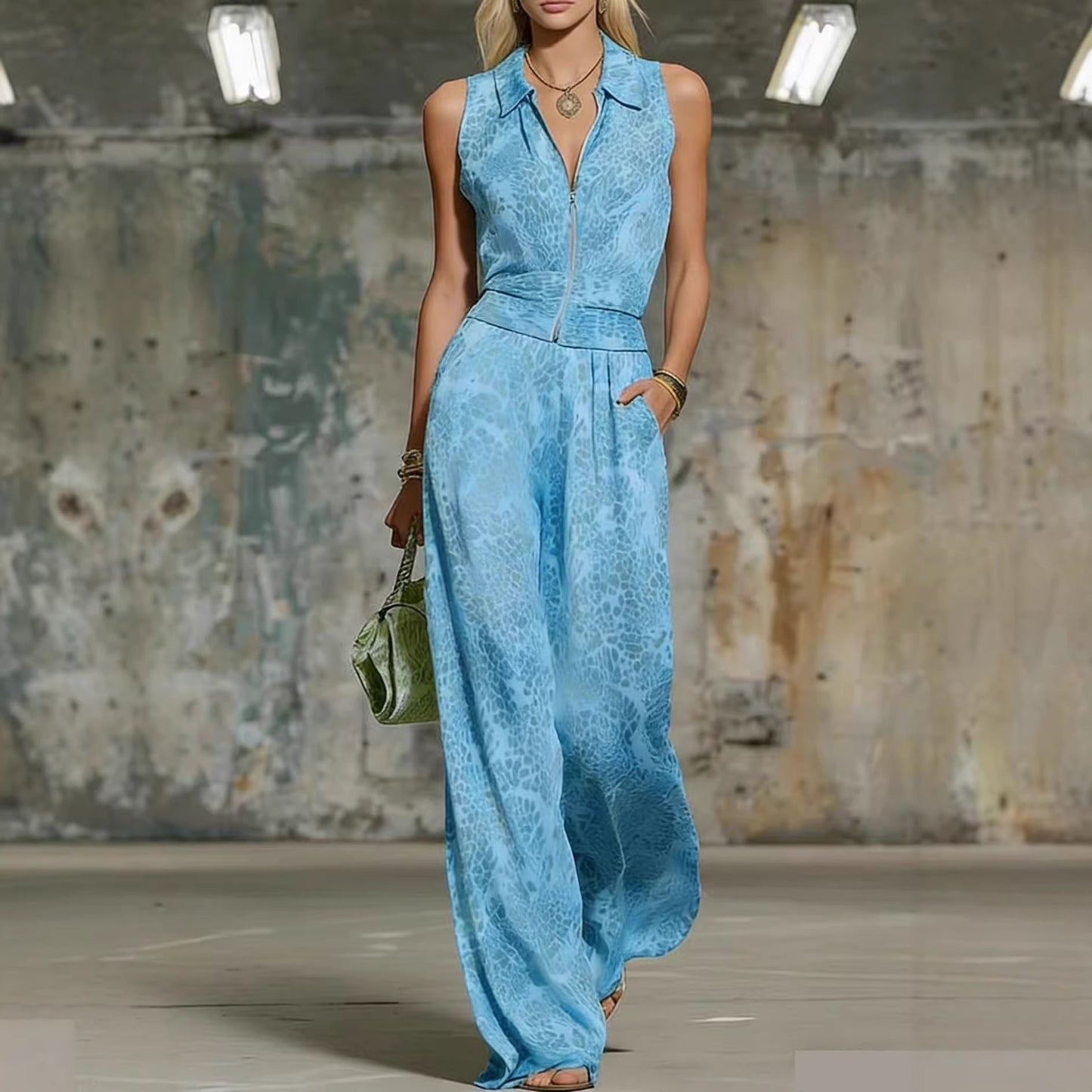 Floral Print Zip-Up Sleeveless Jumpsuit – Women's Wide Leg Romper