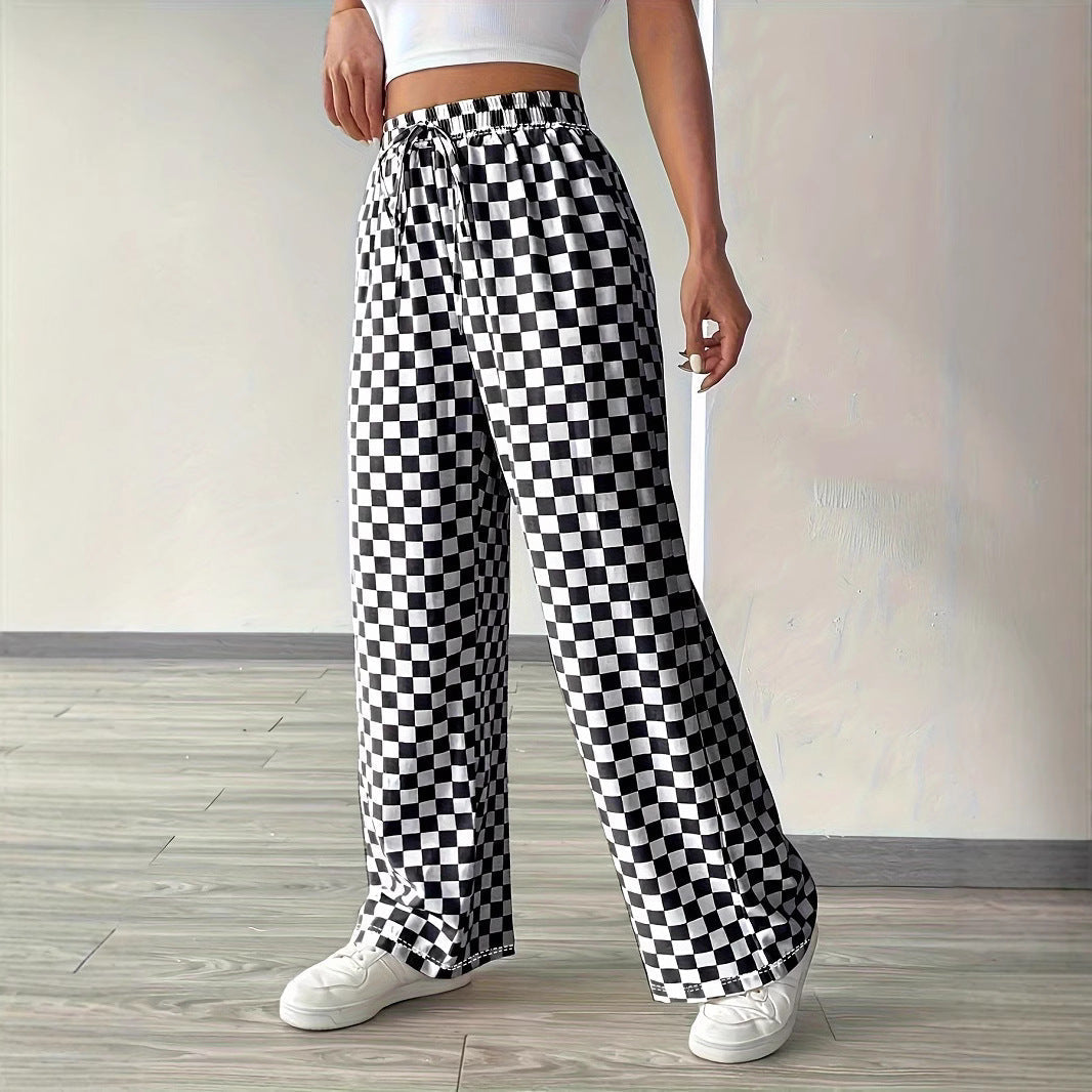 Checkerboard High-Waisted Wide Leg Pants