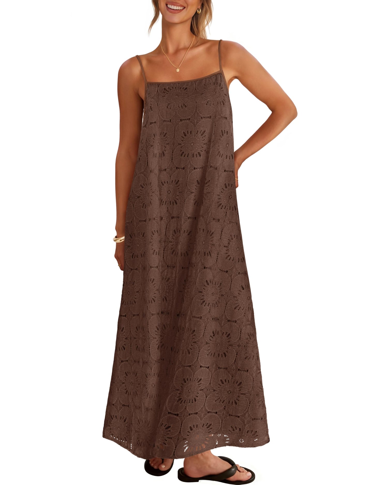 2026 Casual Sleeveless Floral Lace Eyelet Boho Beach Maxi Dress