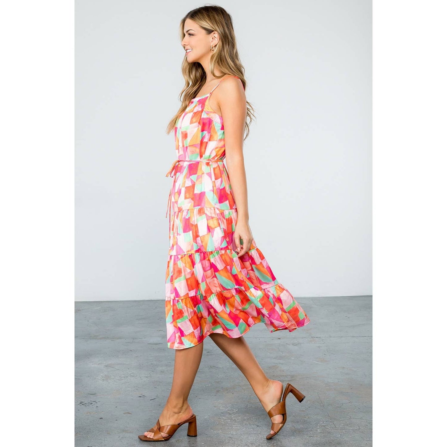 ELLIE- Sleeveless Multi Color Tiered Dress in Abstract Print