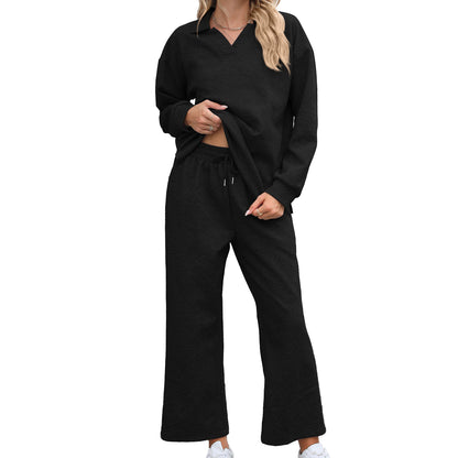 Solid Color Turn-down Collar Long Sleeve Hoodie with Elastic Waist Pants Set