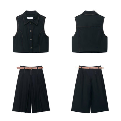 Color blocking stitching vest+cropped pants set