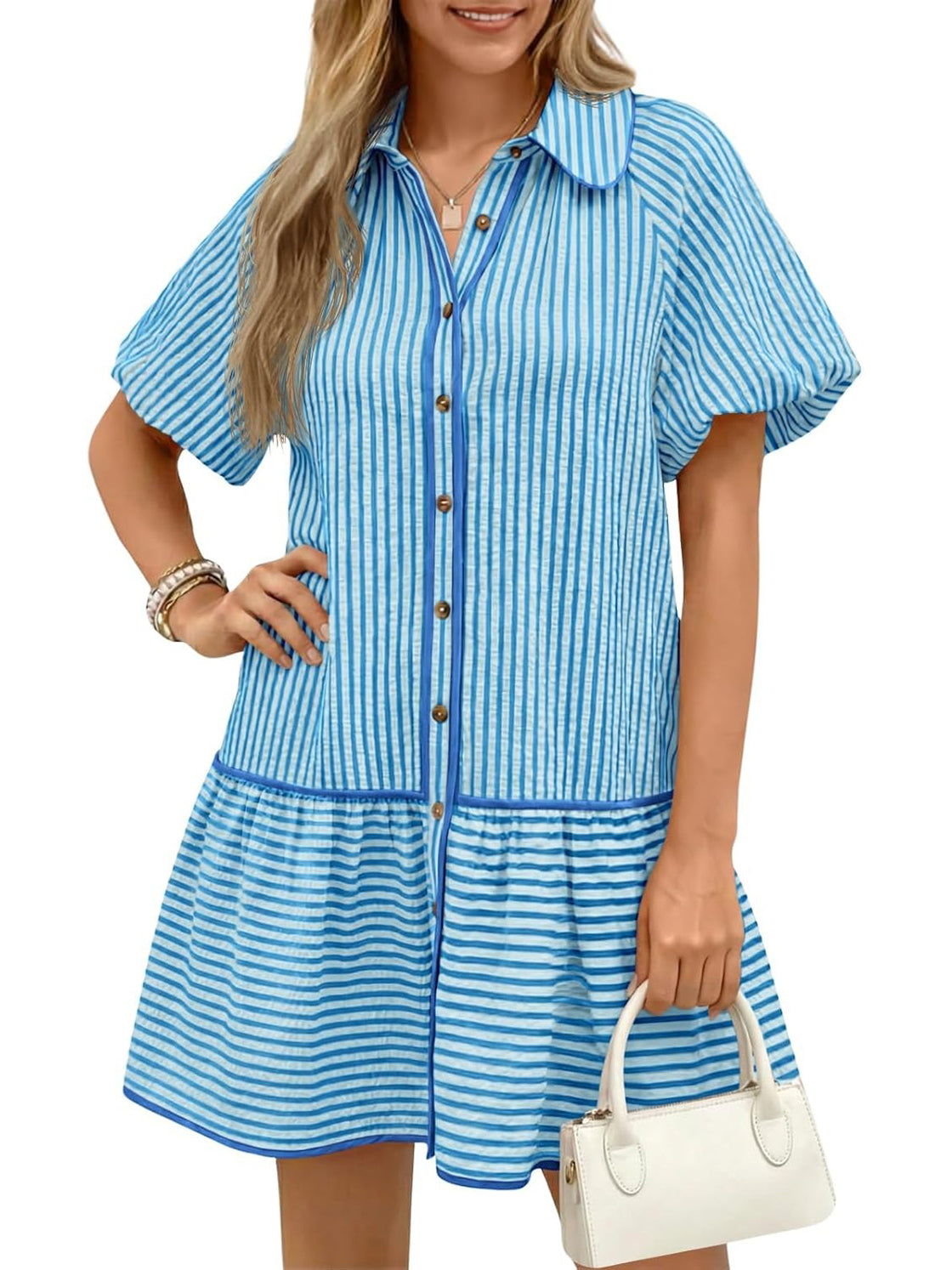 Women's Sweet Striped Lapel Puff Sleeve Midi Dress