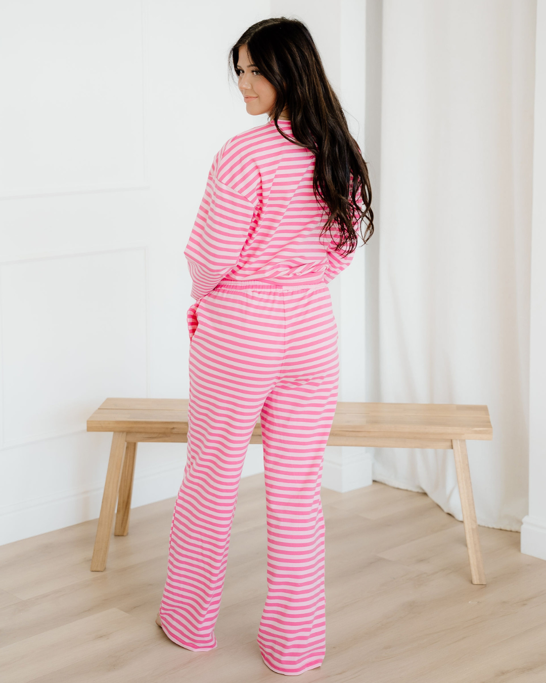 Amayah Stripe Drop Shoulder Round Neck Top and Buttoned Straight Pants Two Piece Set