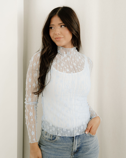 Claire Floral Lace Long Sleeve Slim Fit Top - Blue