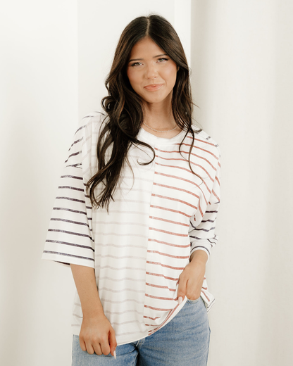 Danna Stripe Colorblock 3/4 Sleeve Loose T Shirt