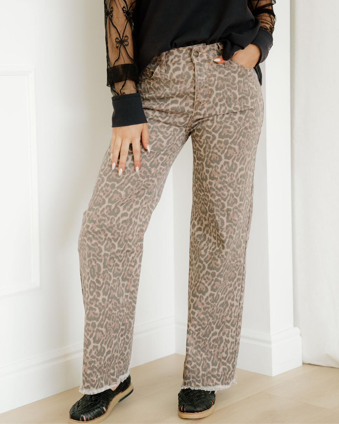 Emiliana Leopard Frayed Edge Wide Leg High Waist Jeans